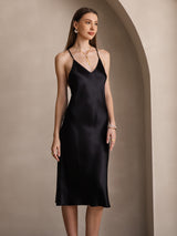 [Black] SilkSilky-CA Pure Silk Sleeveless V Neck Dress 004
