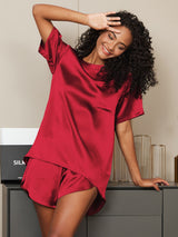 [Wine] SilkSilky-CA Short Sleeve Round Neck Women's Pajamas 001