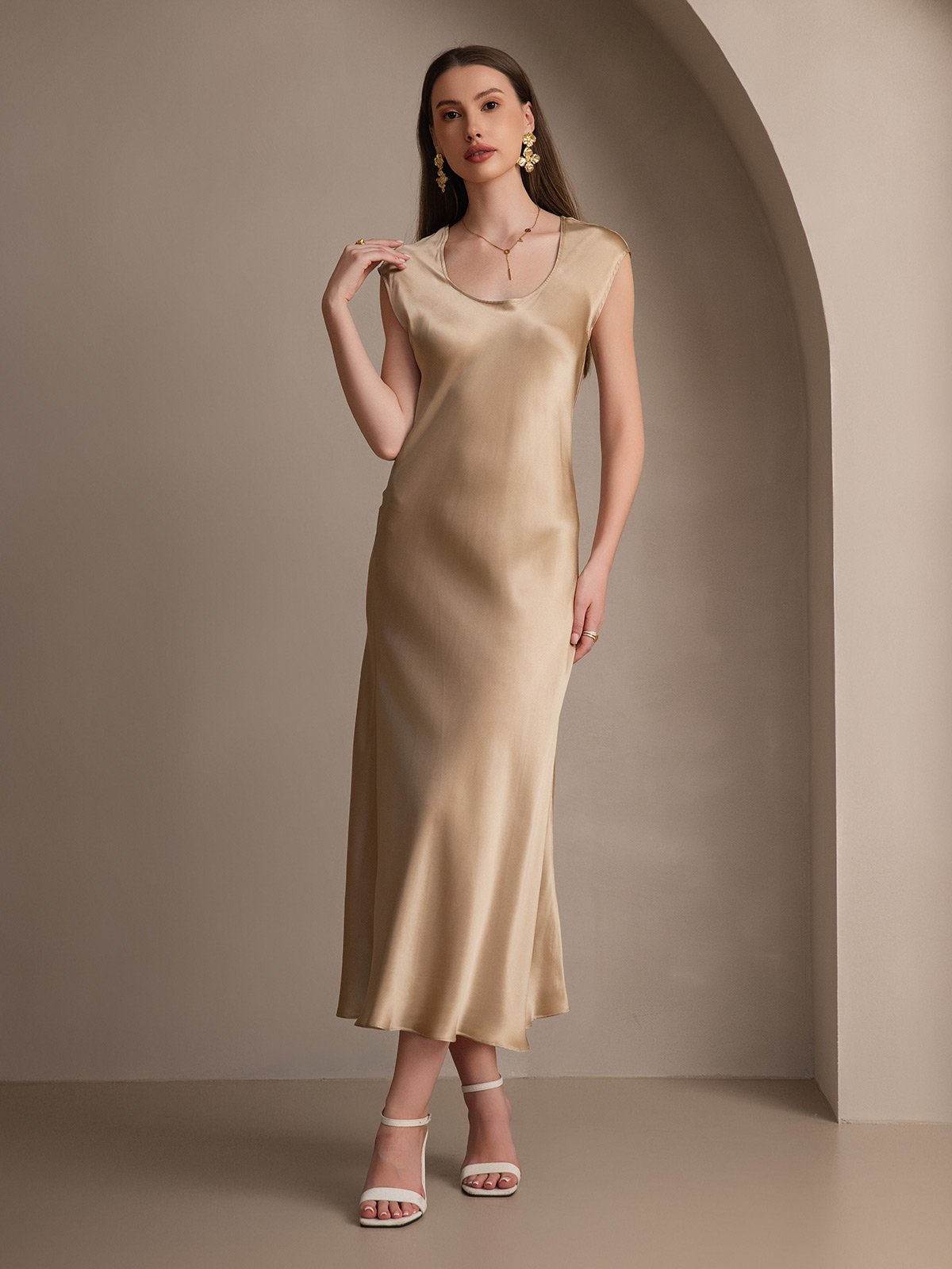 [Champagne] SilkSilky-CA 19Momme Silk Cap Sleeve Round Neck Dress 003