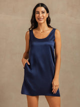 [Dark Blue] SilkSilky-CA 19Momme Machine-Washable Silk Sleeveless Scoop Neck Nightgown 003