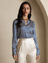 [Navy Stripe] SilkSilky-CA Long Sleeve Lapel Collar Women's Shirt 004