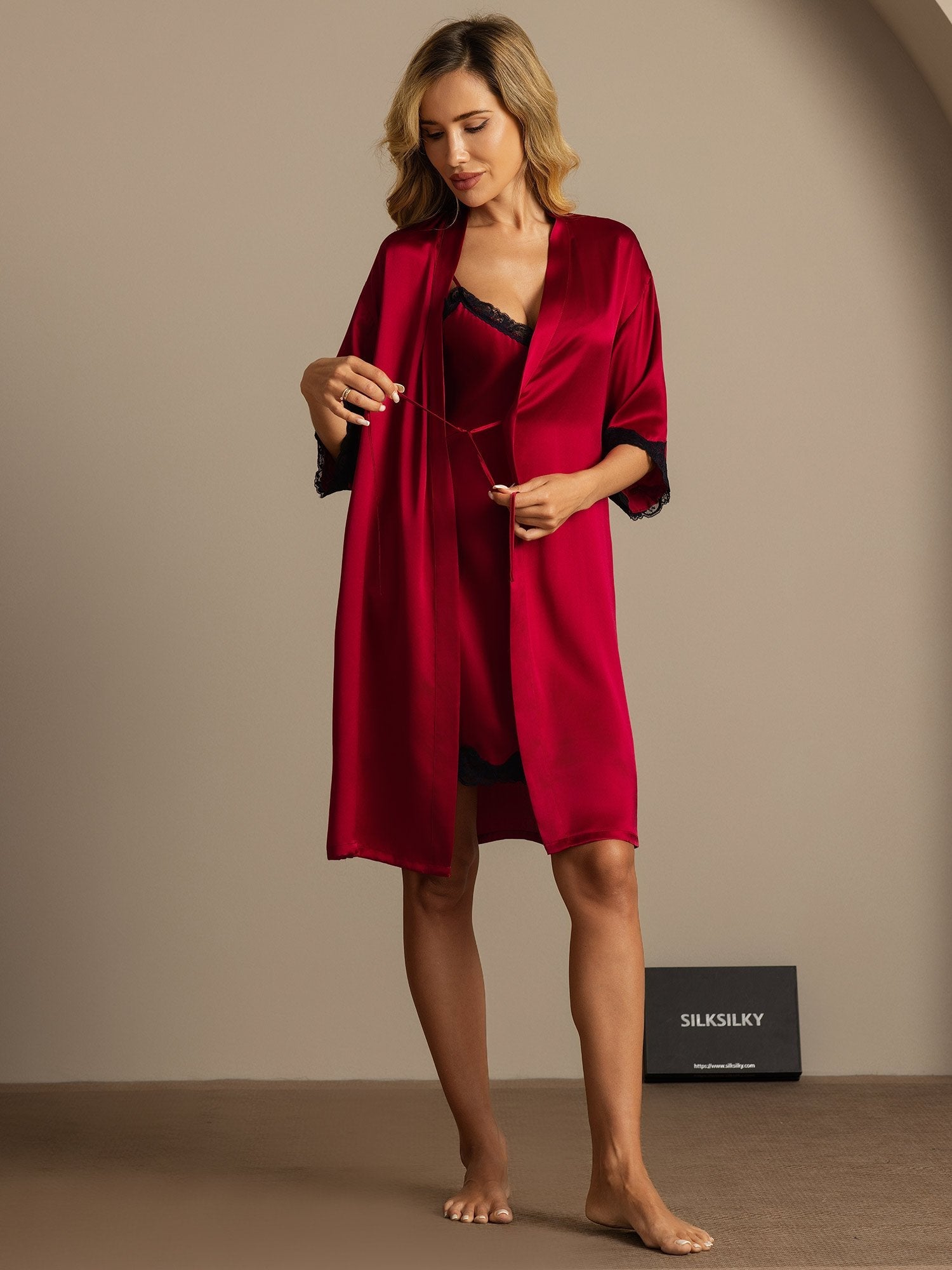 [Wine] SilkSilky-CA Pure Silk Split Nightgown&Robe Set 008