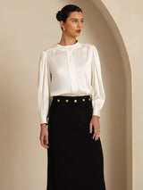 [White] SilkSilky-CA 19Momme Long Sleeve Round Neck Blouse 006