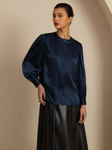 [Dark Blue] SilkSilky-CA 19Momme Long Sleeve Round Neck Blouse 005