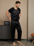 SilkSilky CA Pure Silk Short Sleeve Round Neck Men's Pajamas Black 004