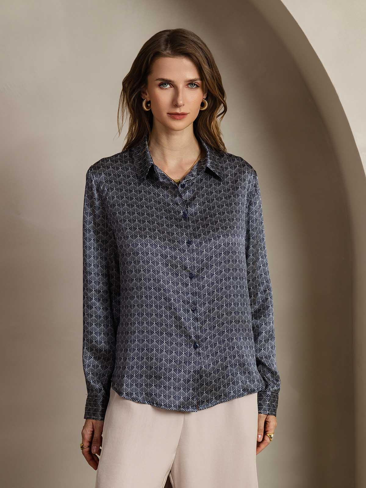 [Navy Ginkgo] SilkSilky-CA Silk Lapel Collar Women's Shirt 001