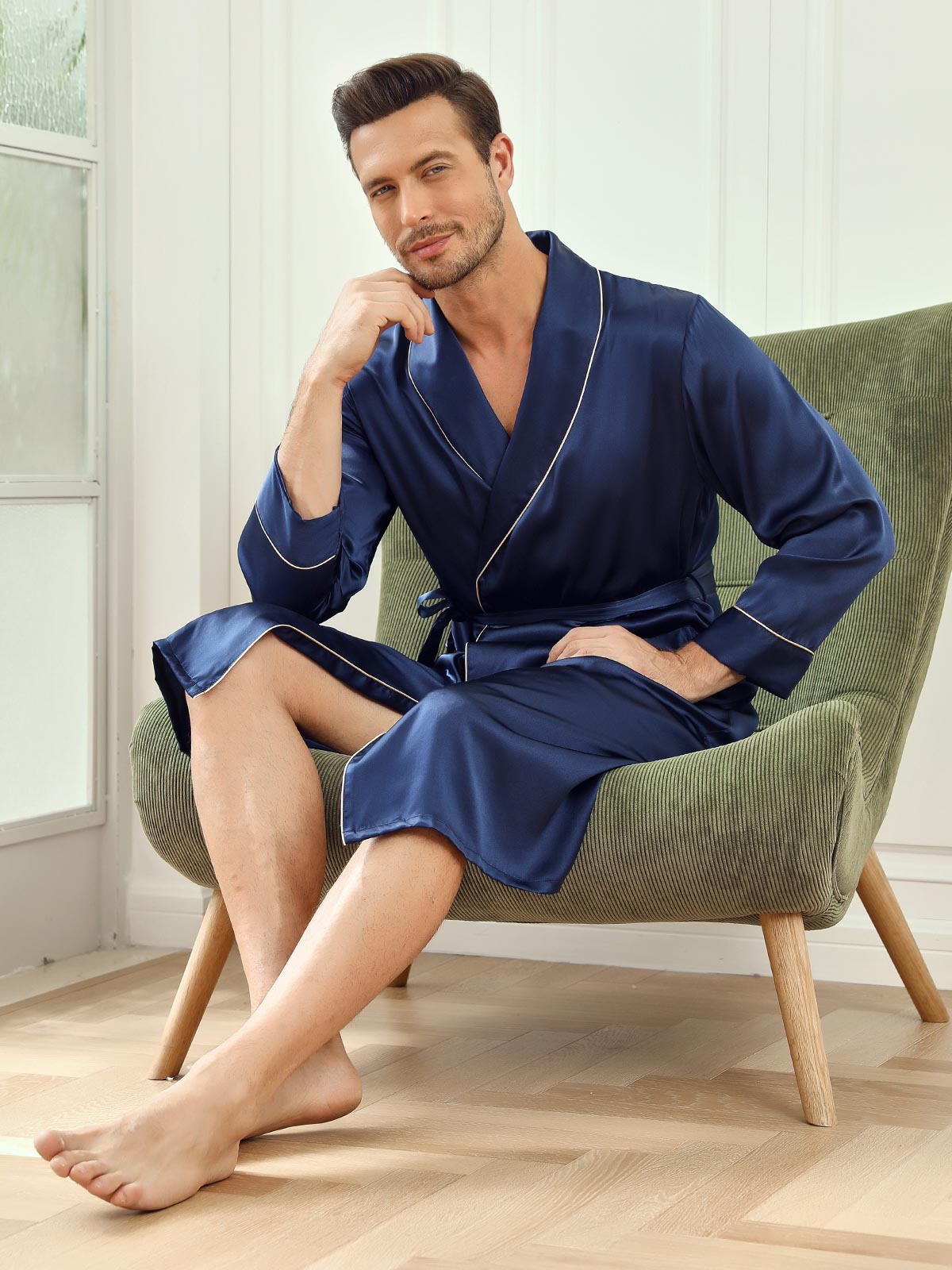 SilkSilky CA Pure Silk Long Sleeve Lapel Men's Robe DarkBlue 001