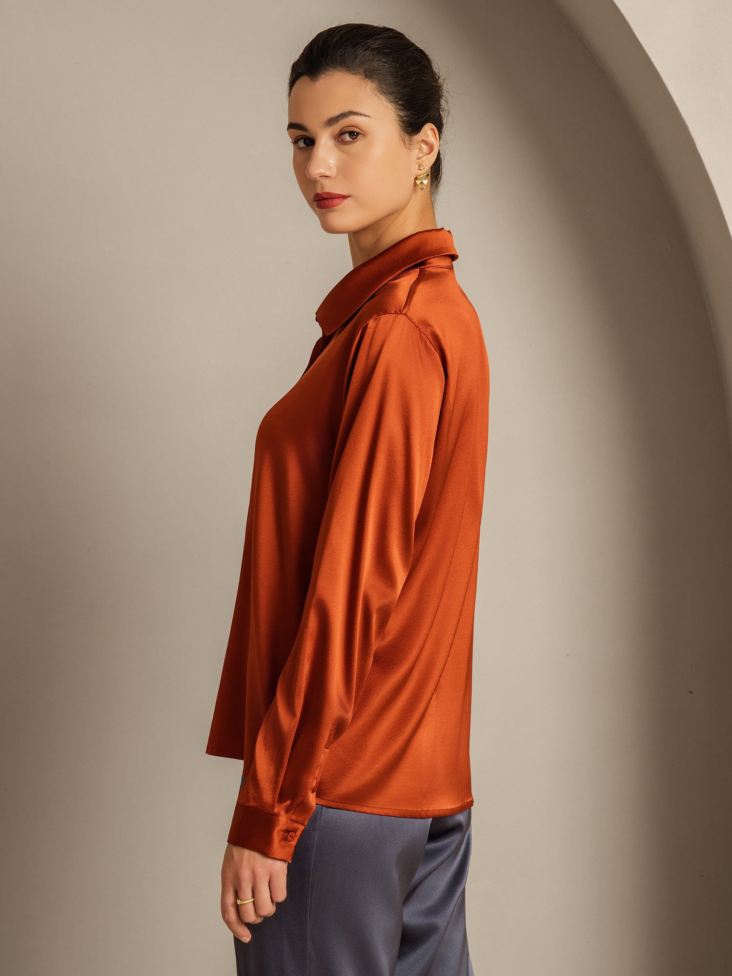 [Caramel] SilkSilky-CA 19Momme Silk Lapel Collar Women's Shirt 002
