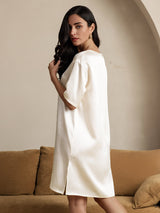 [Beige] SilkSilky-CA Half Sleeve V Neck Nightgown 002