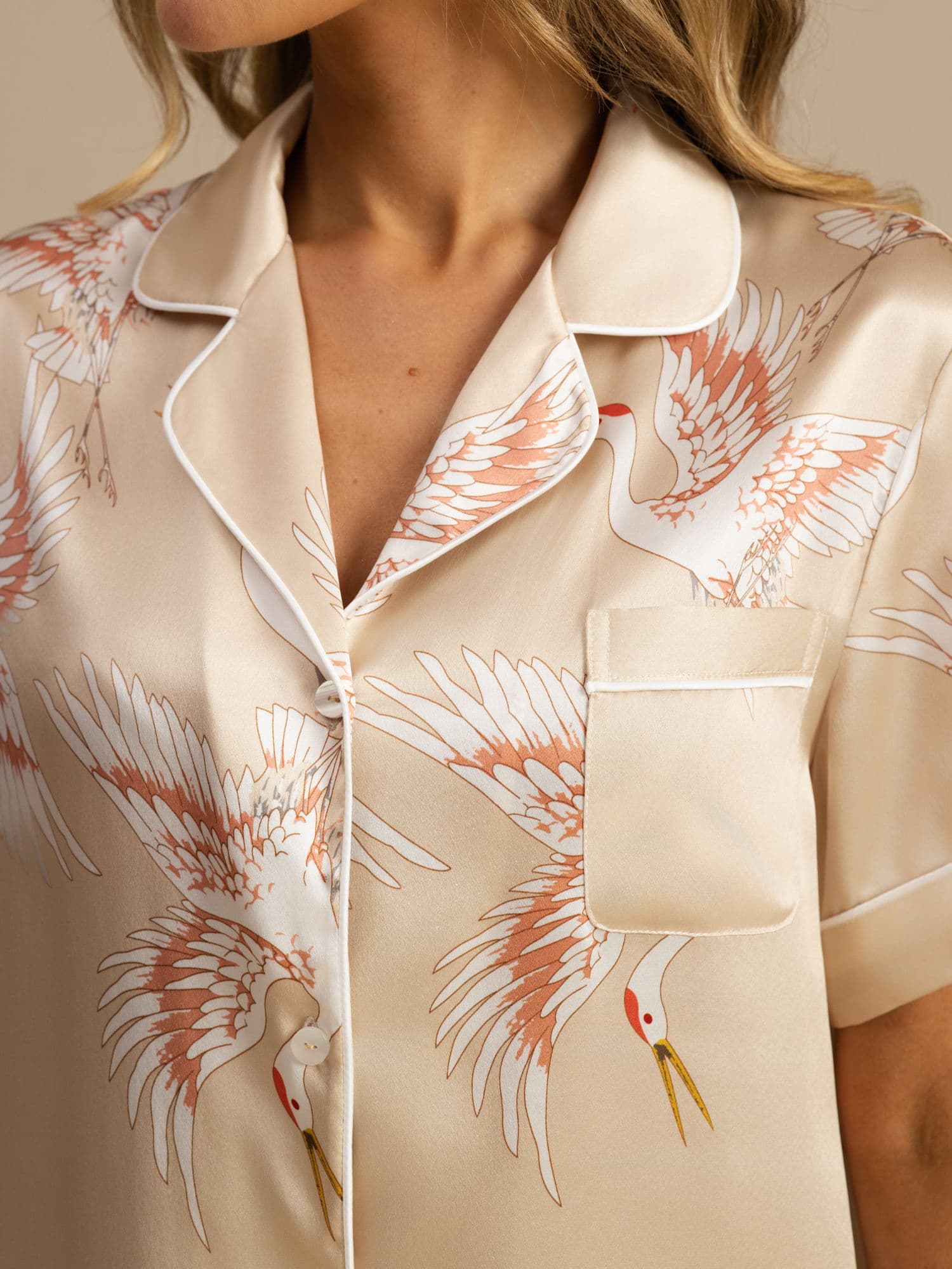 [Champagne] SilkSilky-CA 19Momme Short Sleeve Notch Collar Women's Pajamas 005