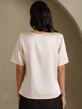 [Beige] SilkSilky-CA Short Sleeve Cowl Neck Women's Blouse 002