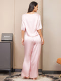 SilkSilky CA Pure Silk Half Sleeve Round Neck Women's Pajamas Pink 002