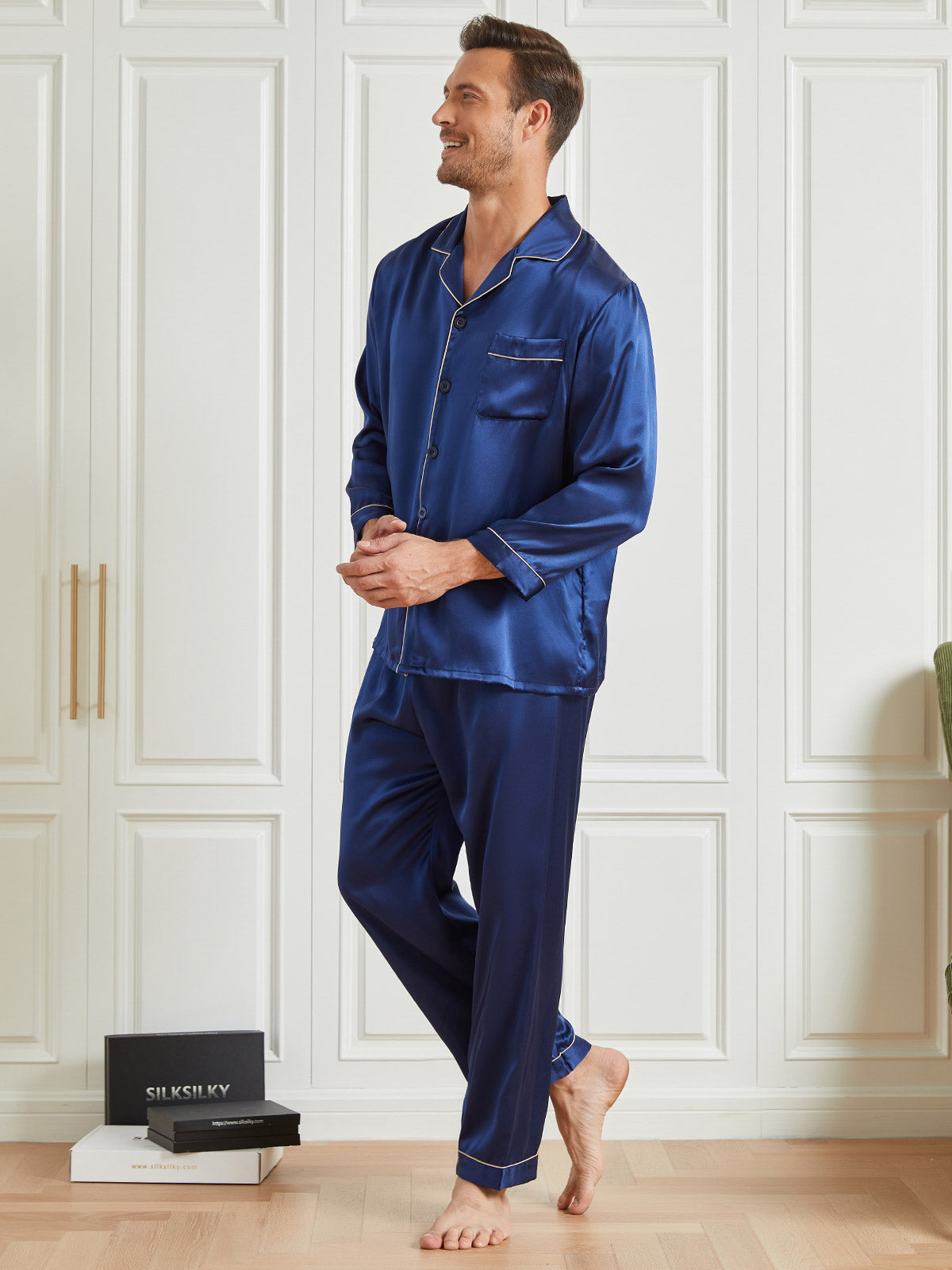 SilkSilky CA 19Momme Pure Silk Long Sleeve Lapel Men's Pajamas DarkBlue 002