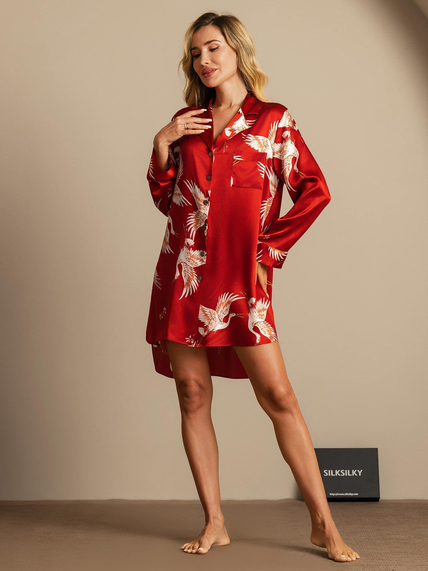 [DarkRed] SilkSilky-CA 19Momme Pure Silk Notch Collar Nightshirt 006