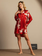 [Dark Red] SilkSilky-CA 19Momme Long Sleeve Notch Collar Nightshirt 006