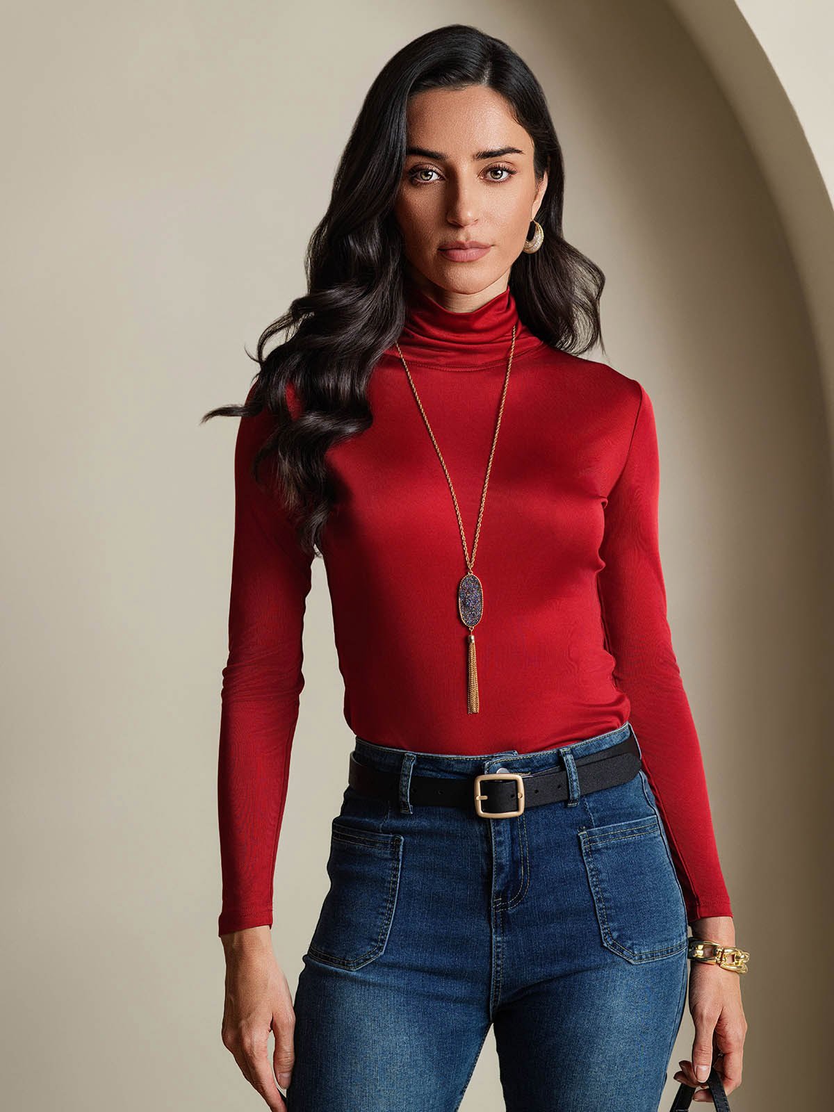 [Wine] SilkSilky-CA Silk Jersey Long Sleeve Turtle Neck Women's T-Shirt 001