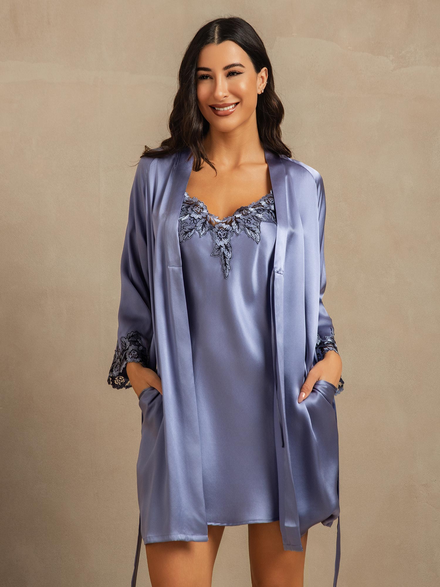 [Steel Blue] SilkSilky-CA Pure Silk 3/4 Sleeve V Neck Nightgown&Robe Set 007
