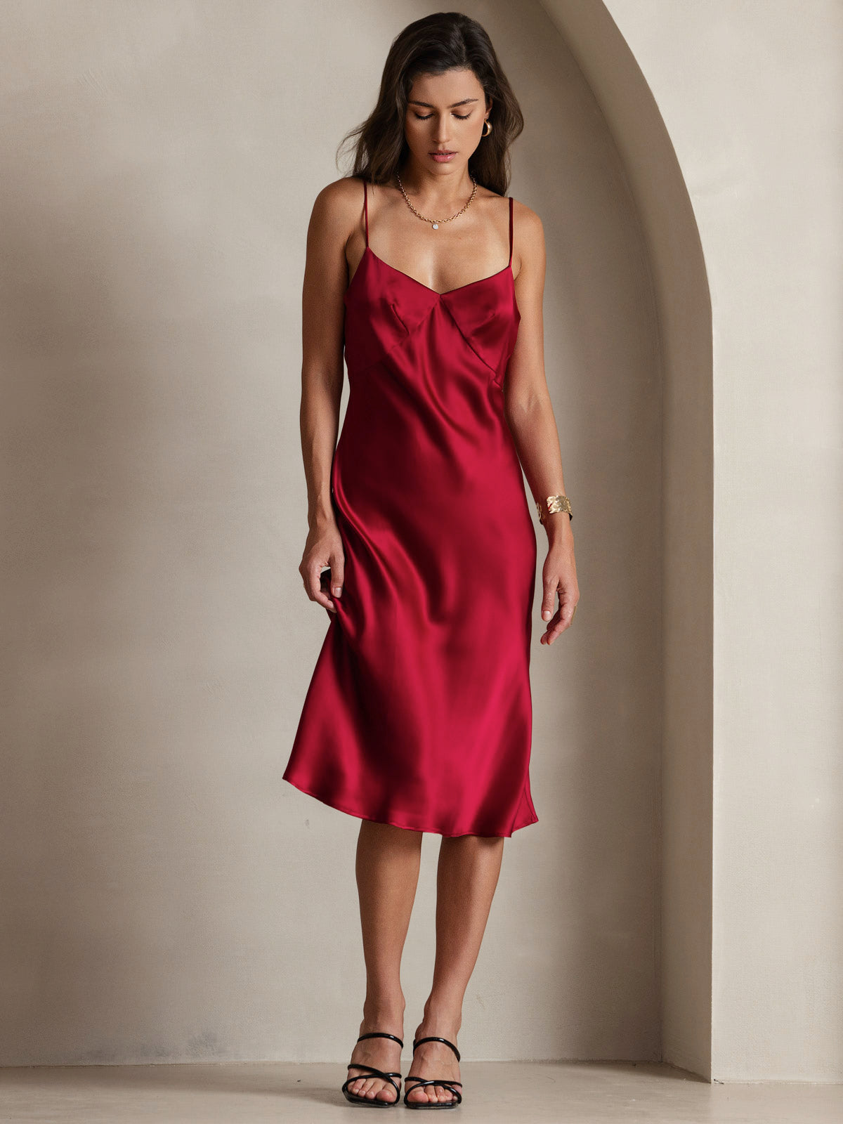 SilkSilky-CA 19Momme Pure Silk Sleeveless V Neck Dress Wine 005