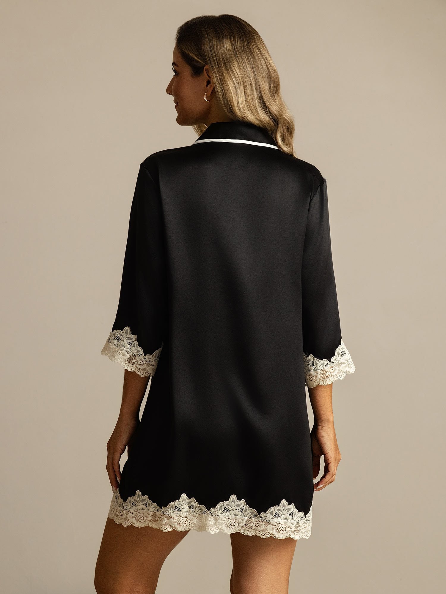 [Black] SilkSilky-CA Pure Silk Lapel Collar Nightshirt 002