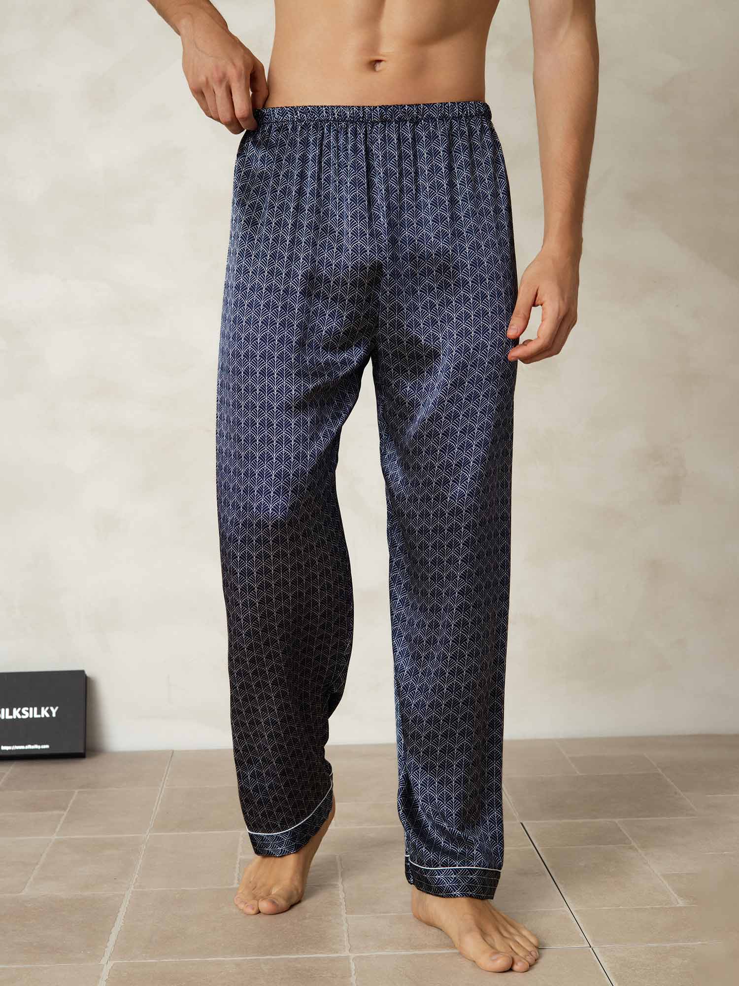 [Navy Ginkgo] SilkSilky-CA Pure Silk Mens Sleep Bottoms 001