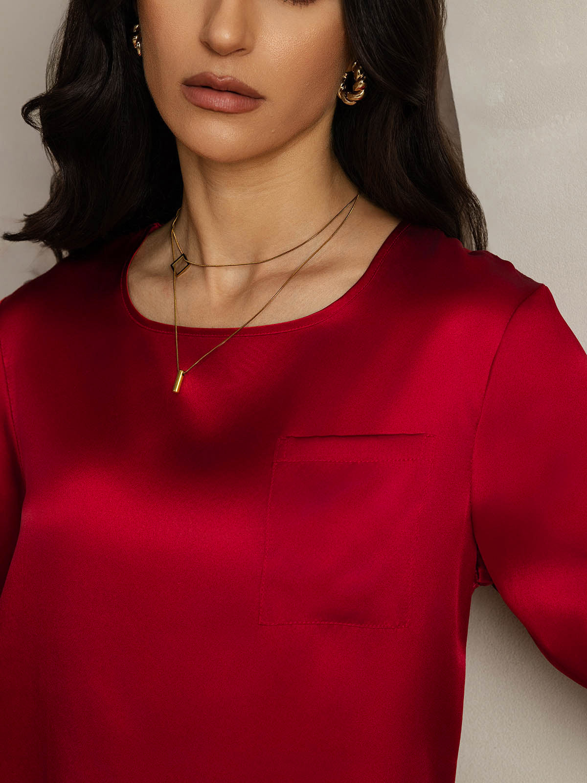 [Dark Red] SilkSilky-CA Pure Silk Boat Neck Women's T-Shirt 004