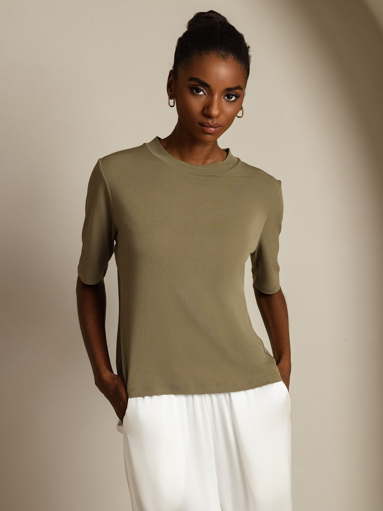 [Burnt Olive] SilkSilky-CA Pure Silk Round Neck Women's T-Shirt 003