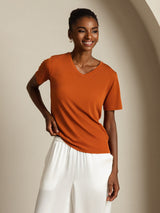 [Orange] SilkSilky-CA 100% High-Twist Silk Jersey Short Sleeve V Neck Women's T-Shirt 007