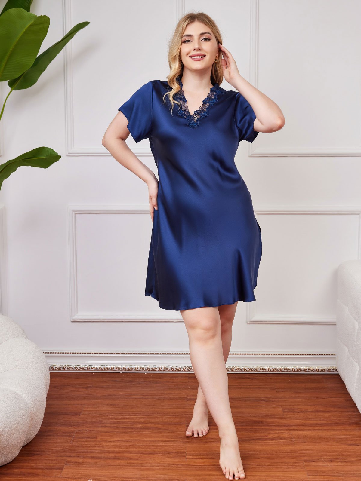 SilkSilky CA Pure Silk Short Sleeve V Neck Plus Size Nightgown DarkBlue 004