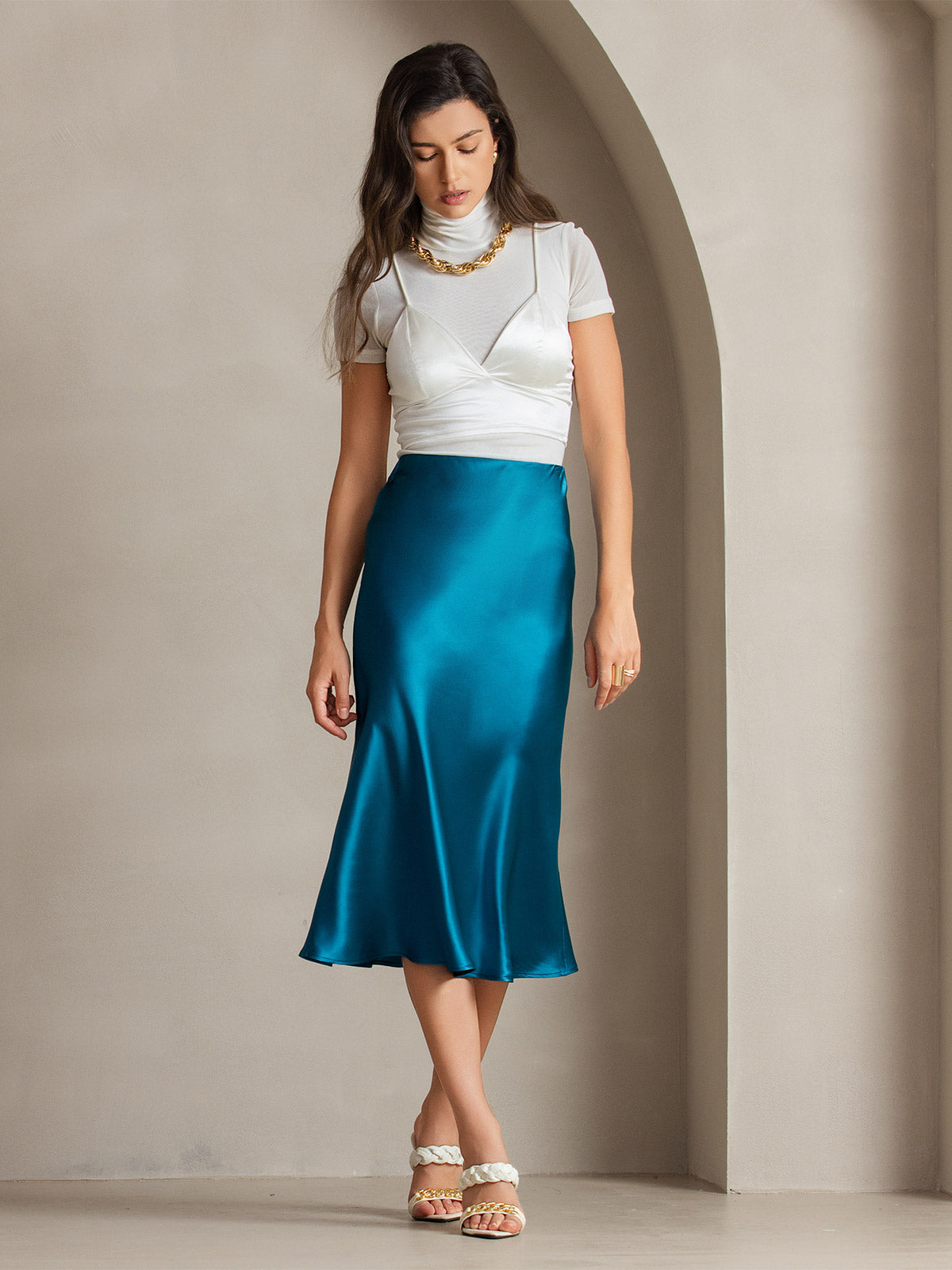 [Teal] SilkSilky-CA 19Momme Pure Silk Skirt 006