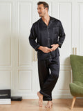 SilkSilky-CA-19Momme-Pure-Silk-Long-Sleeve-Lapel-Men's-Pajamas-Black-001