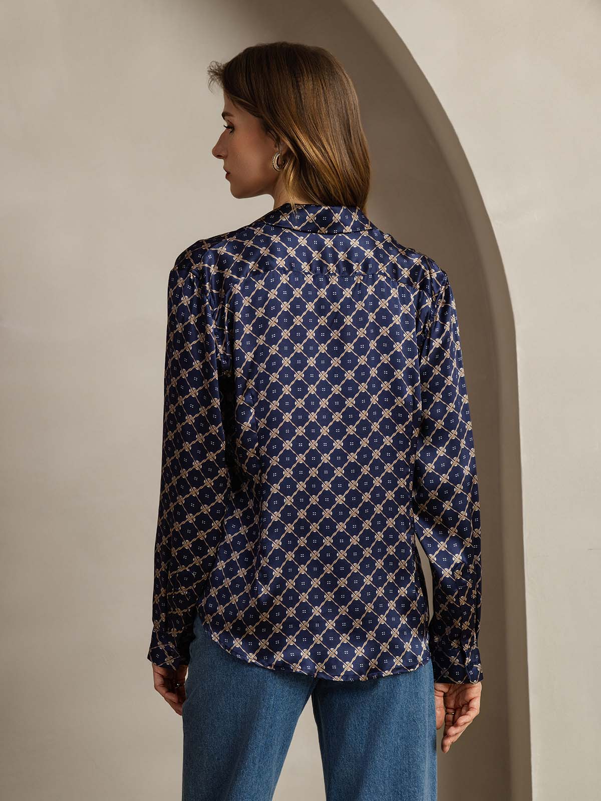 [Navy Chain] SilkSilky-CA Silk Lapel Collar Women's Shirt 002