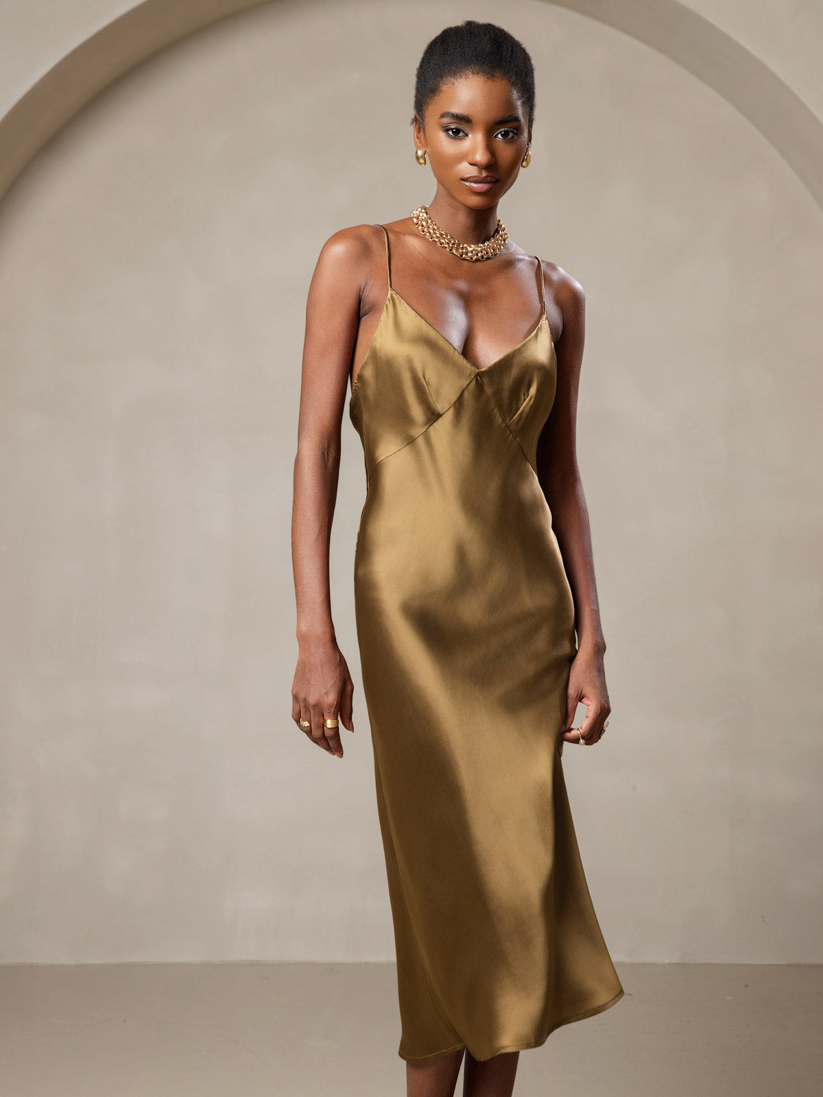 [Brown] SilkSilky-CA 19Momme Pure Silk V Neck Dress 005