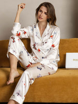 [White Butterfly] SilkSilky-CA Pure Silk Notch Collar Women's Pajamas 003,