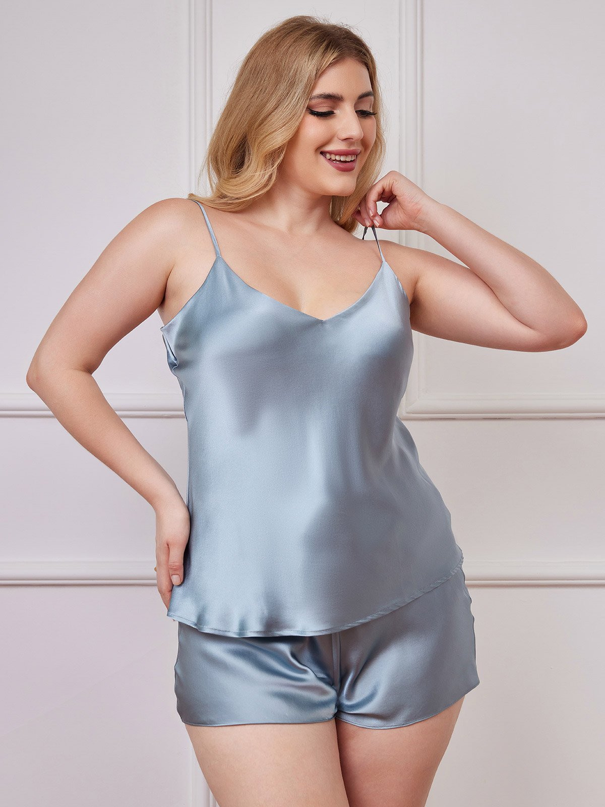 SilkSilky-CA Pure Silk Deep V Neck Plus Size Camisole Set GrayishBlue 005