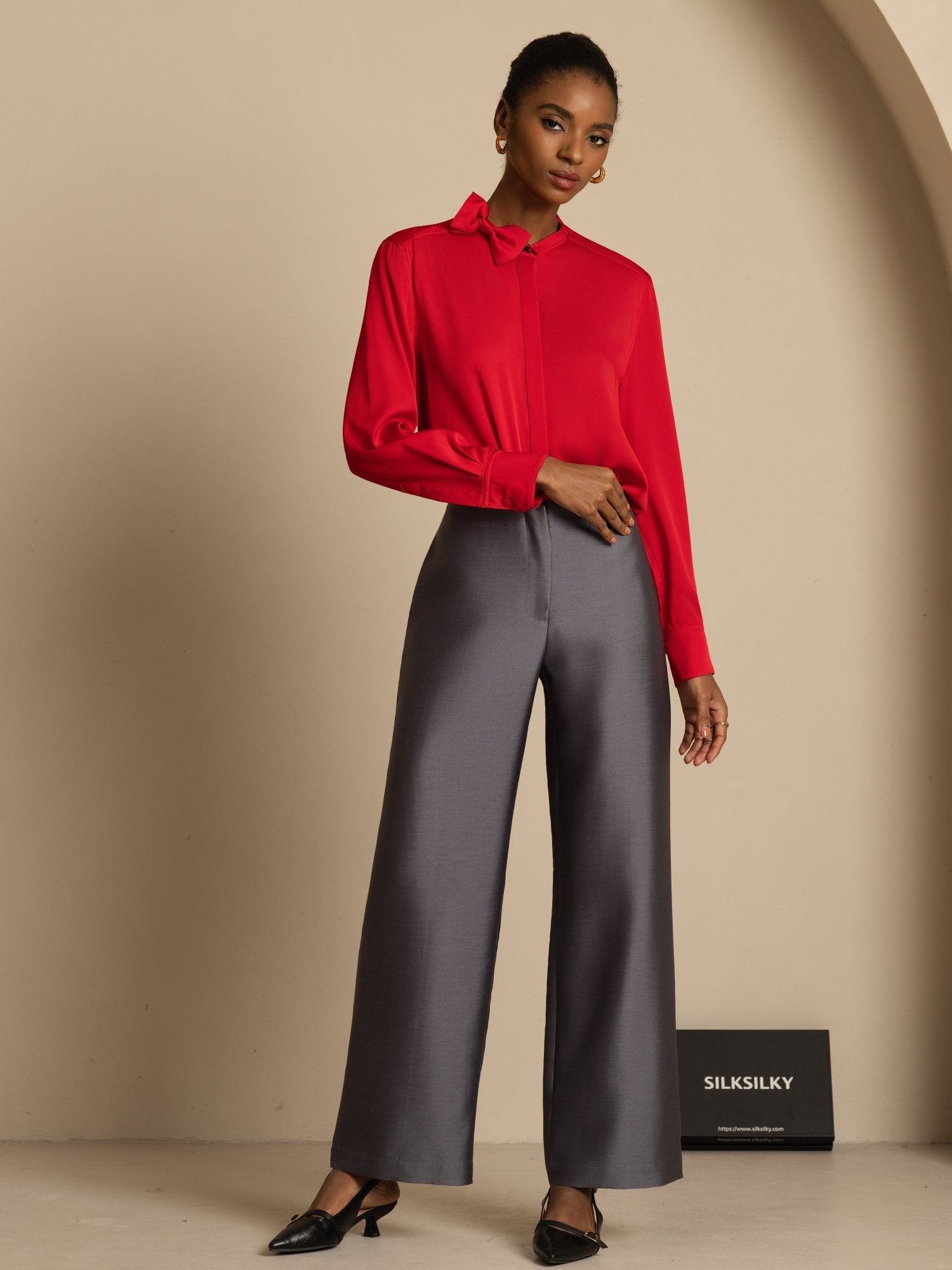 [Wine] SilkSilky-CA 19Momme Stretch Silk Double Georgette Long Sleeve Collar Blouse 008