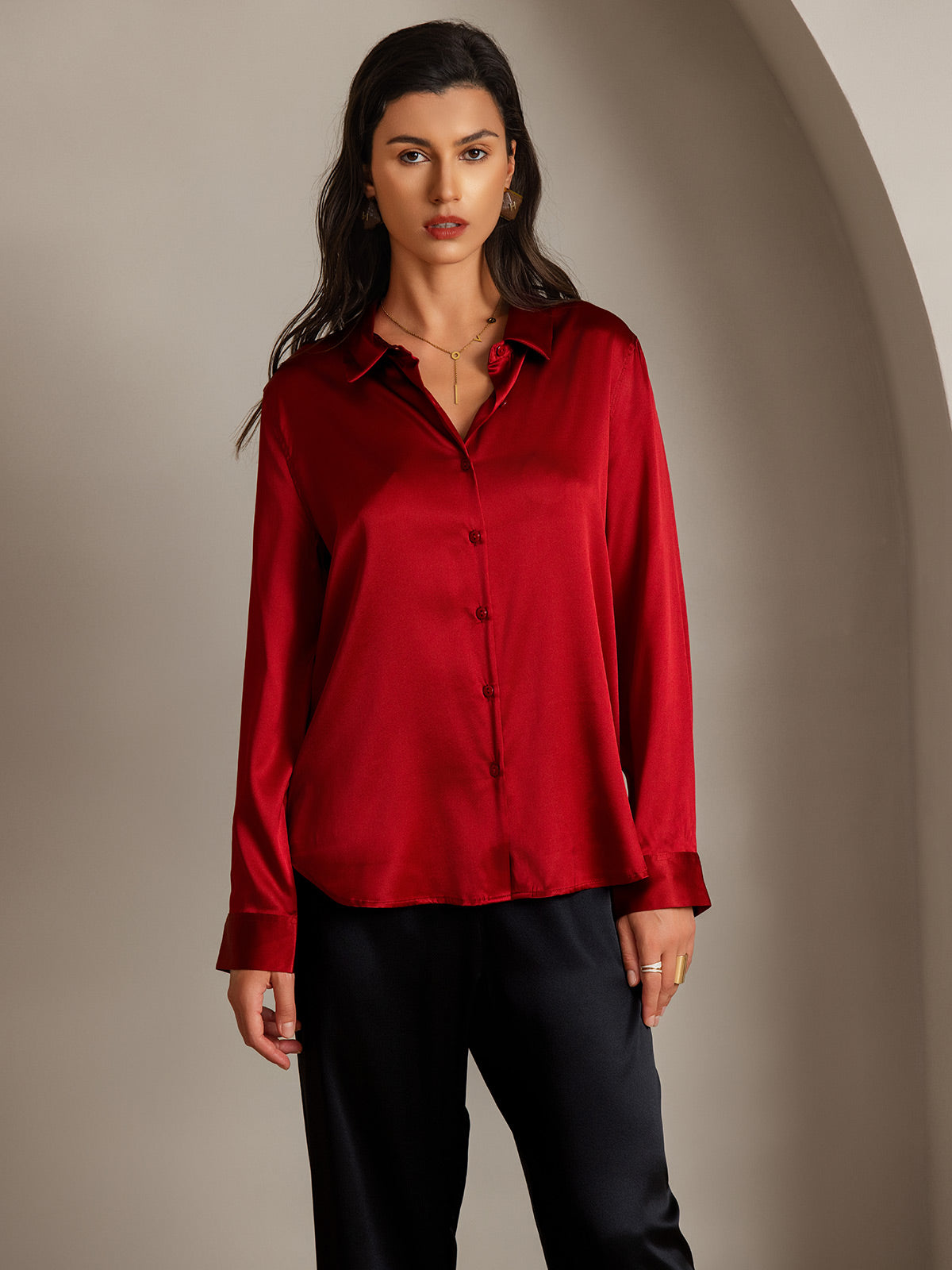 [Red] SilkSilky-CA 19Momme Stretch Silk Charmeuse Long Sleeve Lapel Collar Women's Shirt 004