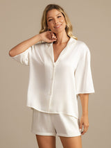 [White] SilkSilky-CA 19Momme Machine-Washable Silk Half Sleeve Notch Collar Women's Pajamas 005