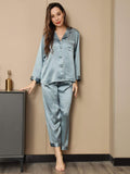 SilkSilky CA Long Sleeve Lapel Women's Pajamas SteelBlue 004