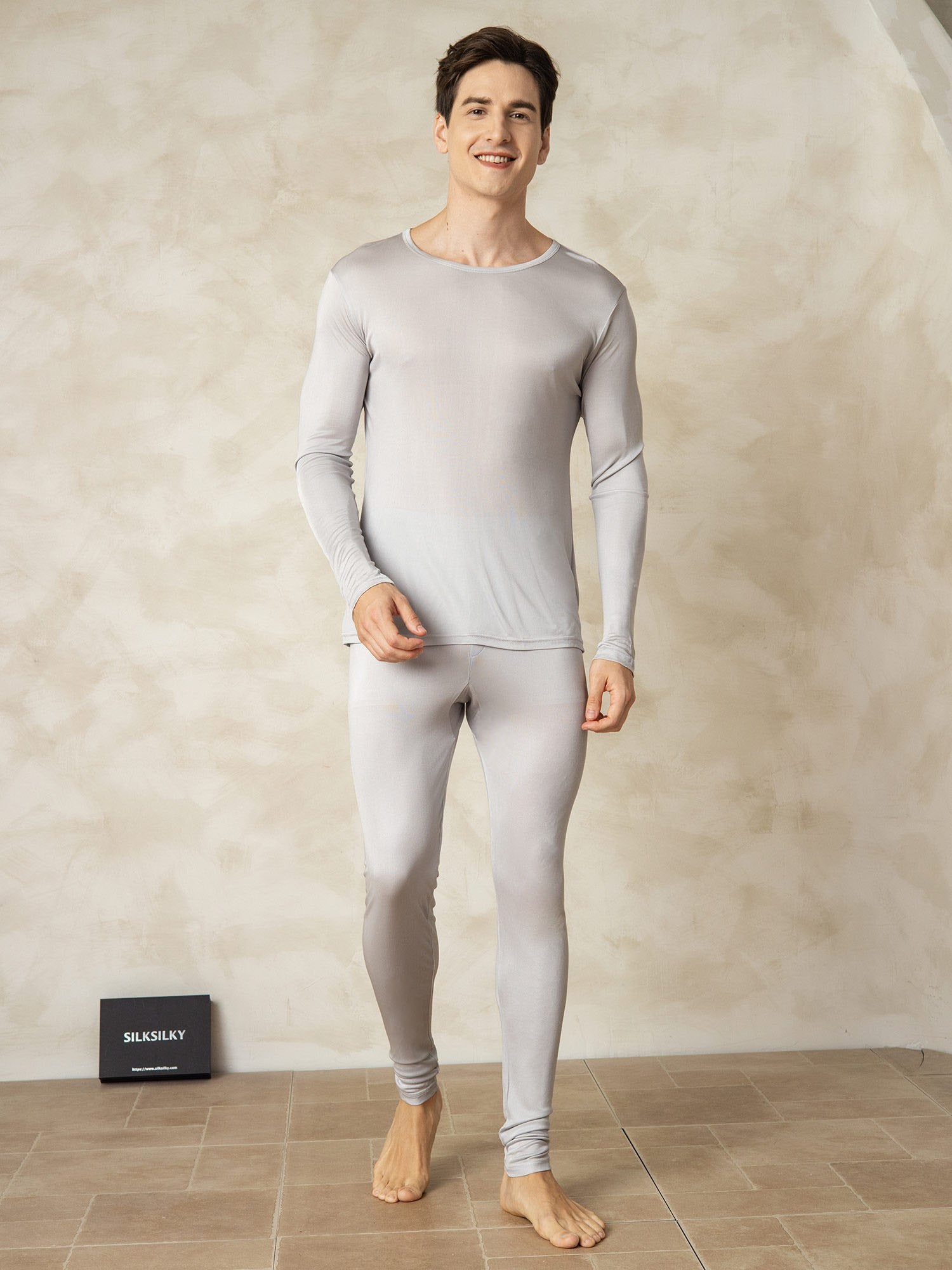 [Silver] SilkSilky-CA Silk Knitted Round Neck Men's Pajamas 004