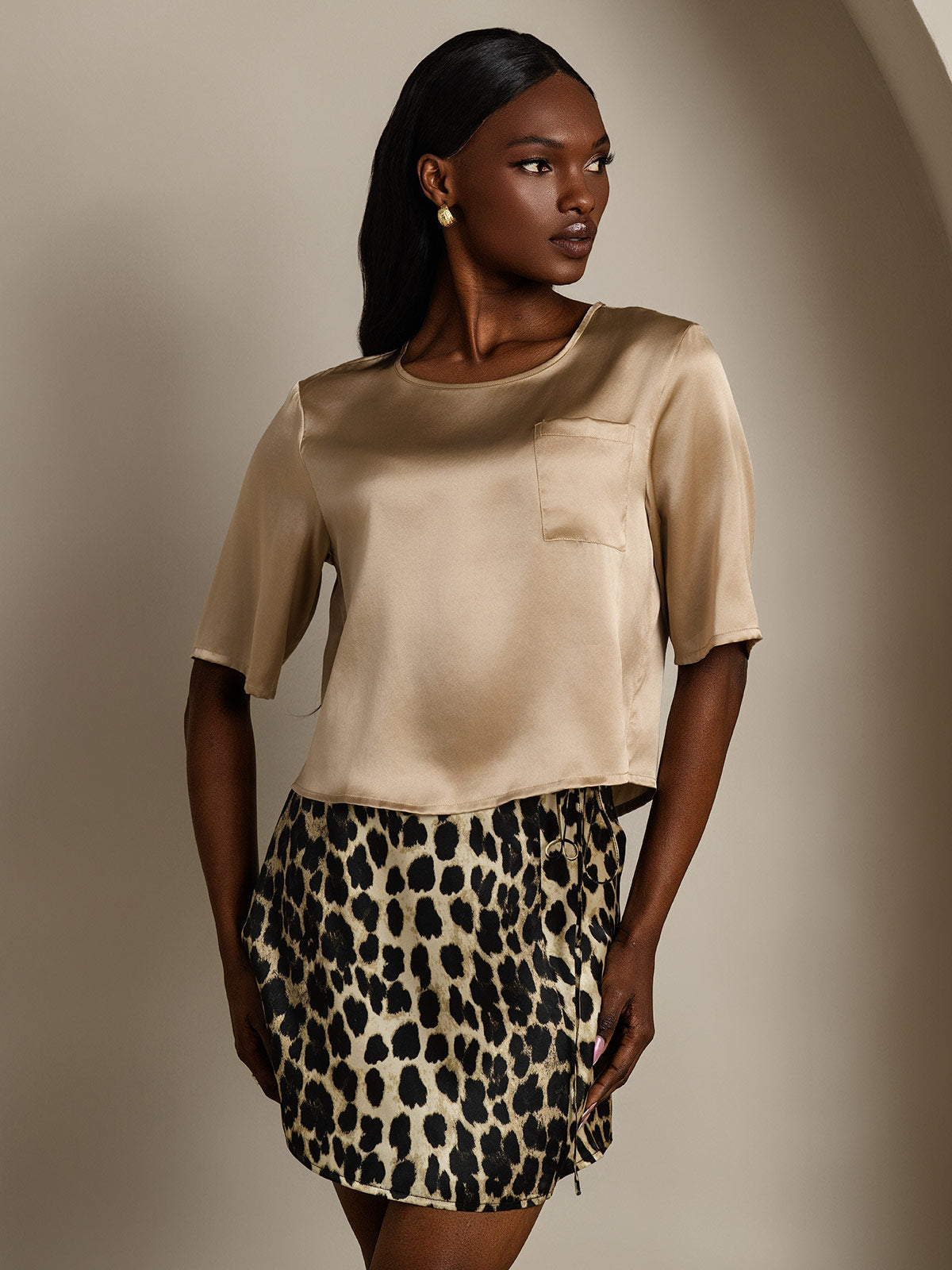 [Champagne] SilkSilky-CA Pure Silk Boat Neck Women's T-Shirt 001