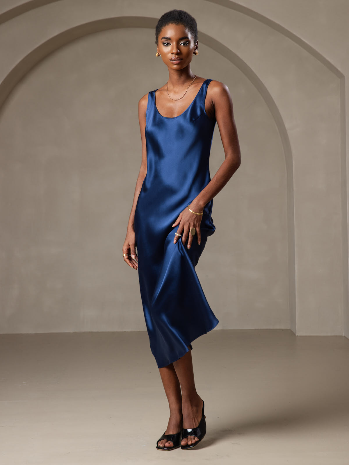 [Dark Blue] SilkSilky-CA Pure Silk Boat Neck Dress 006