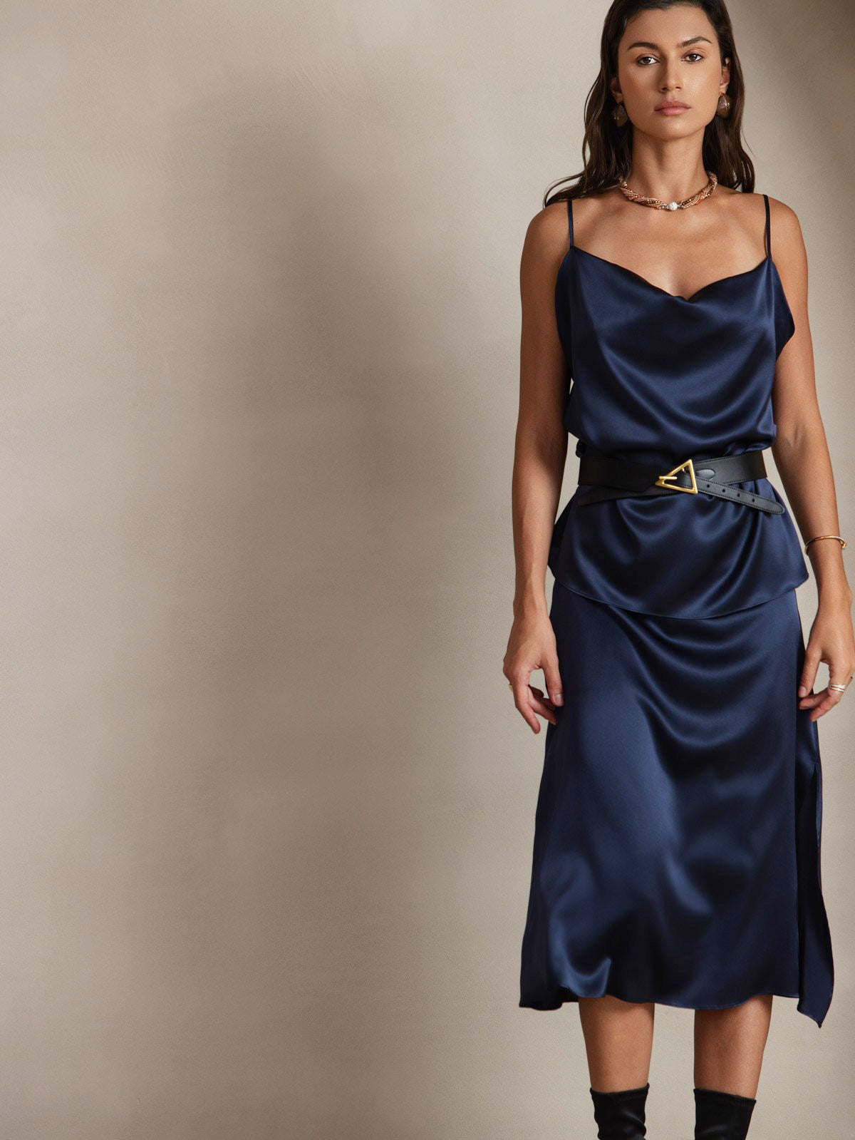 [Dark Blue] SilkSilky-CA 19Momme Silk Spaghetti Strap Cowl Neck Camisole 003