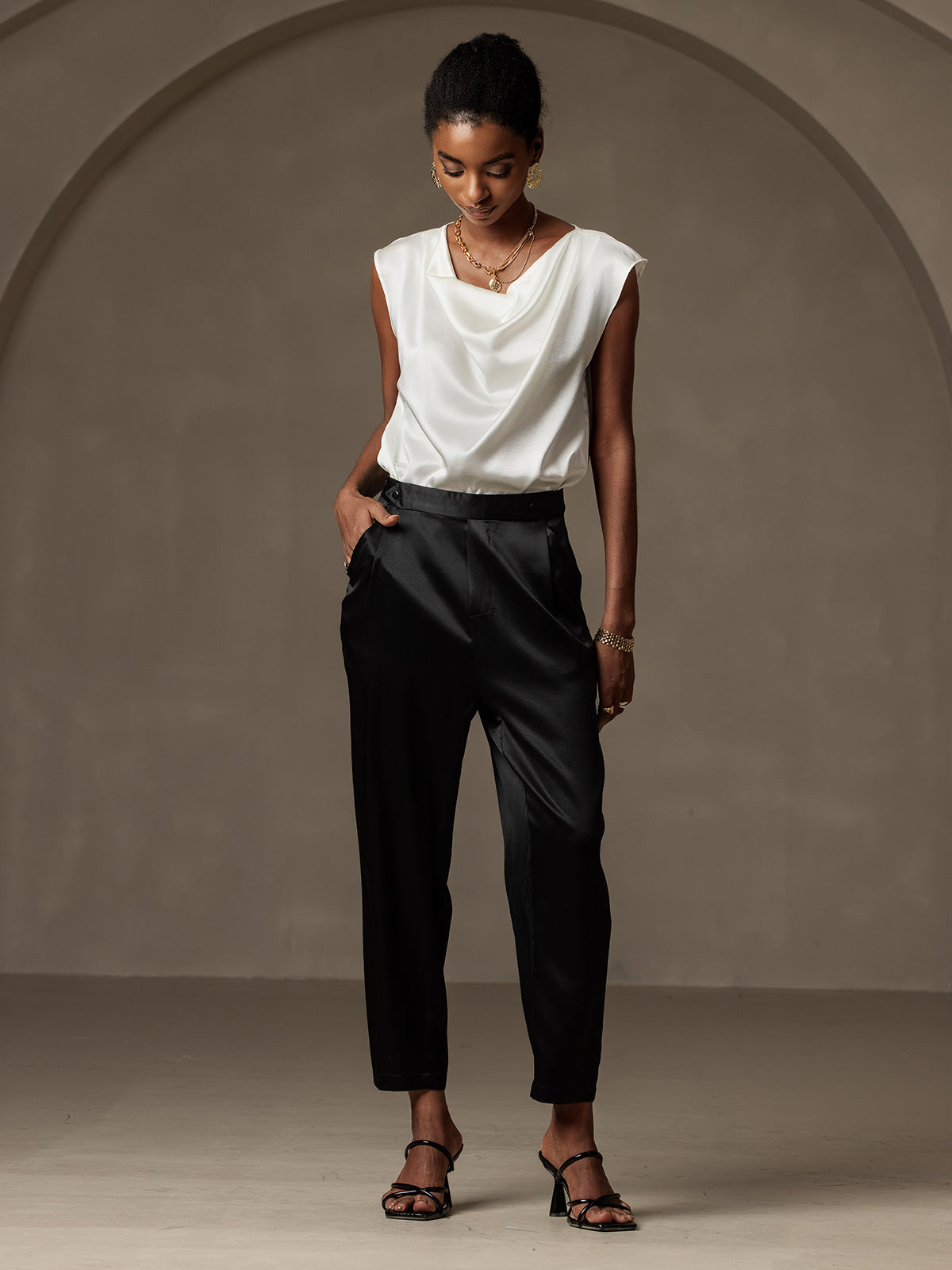 [Black] SilkSilky-CA 19Momme Silk Womens Pants 001