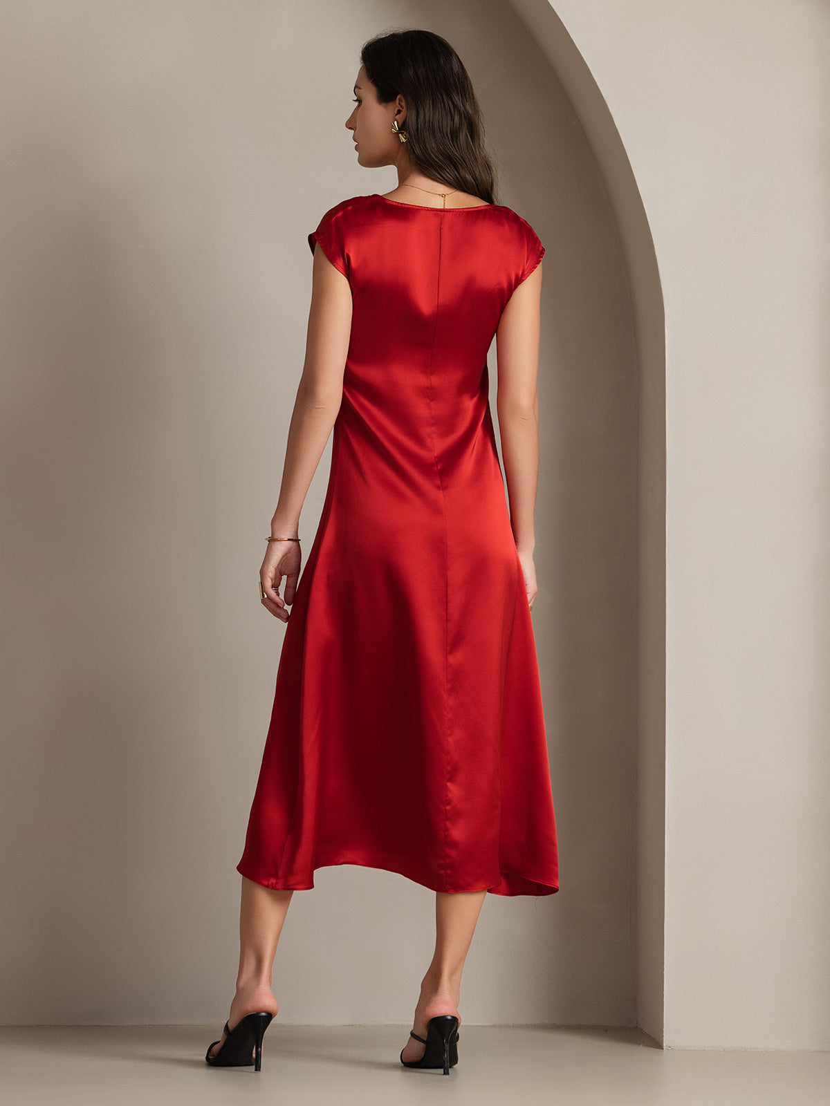 [Wine] SilkSilky-CA 19Momme Silk Round Neck Dress 002