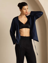 [Dark Blue] SilkSilky-CA 19Momme Stretch Silk Charmeuse Long Sleeve Women's Outerwear 006