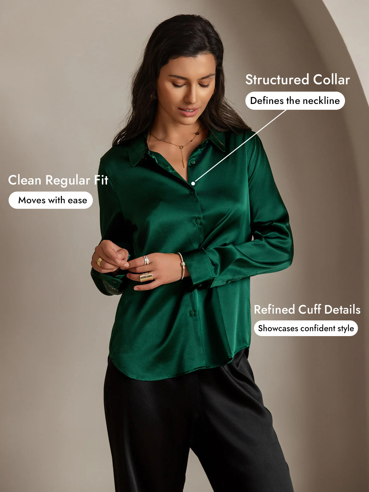 [Dark Green] SilkSilky-CA Silk Long Sleeve Lapel Collar Women's Shirt 005