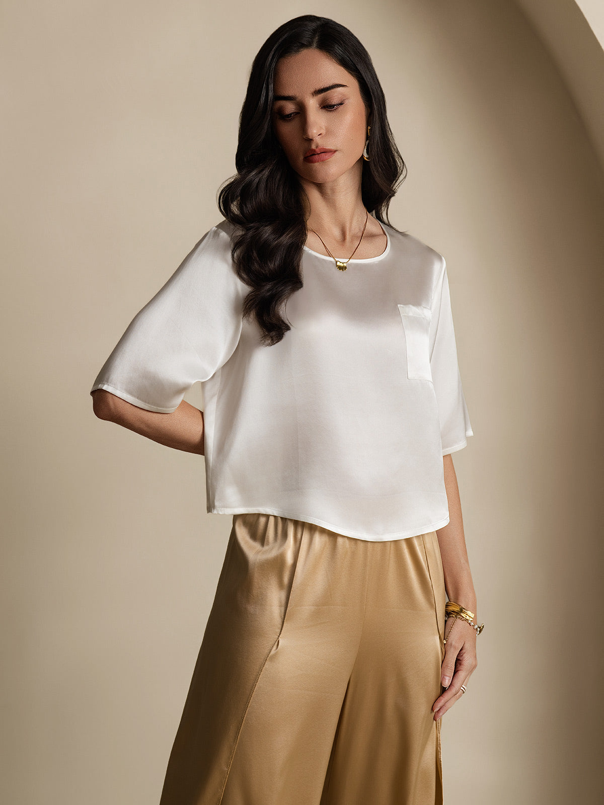 [White] SilkSilky-CA Pure Silk Boat Neck Women's T-Shirt 006