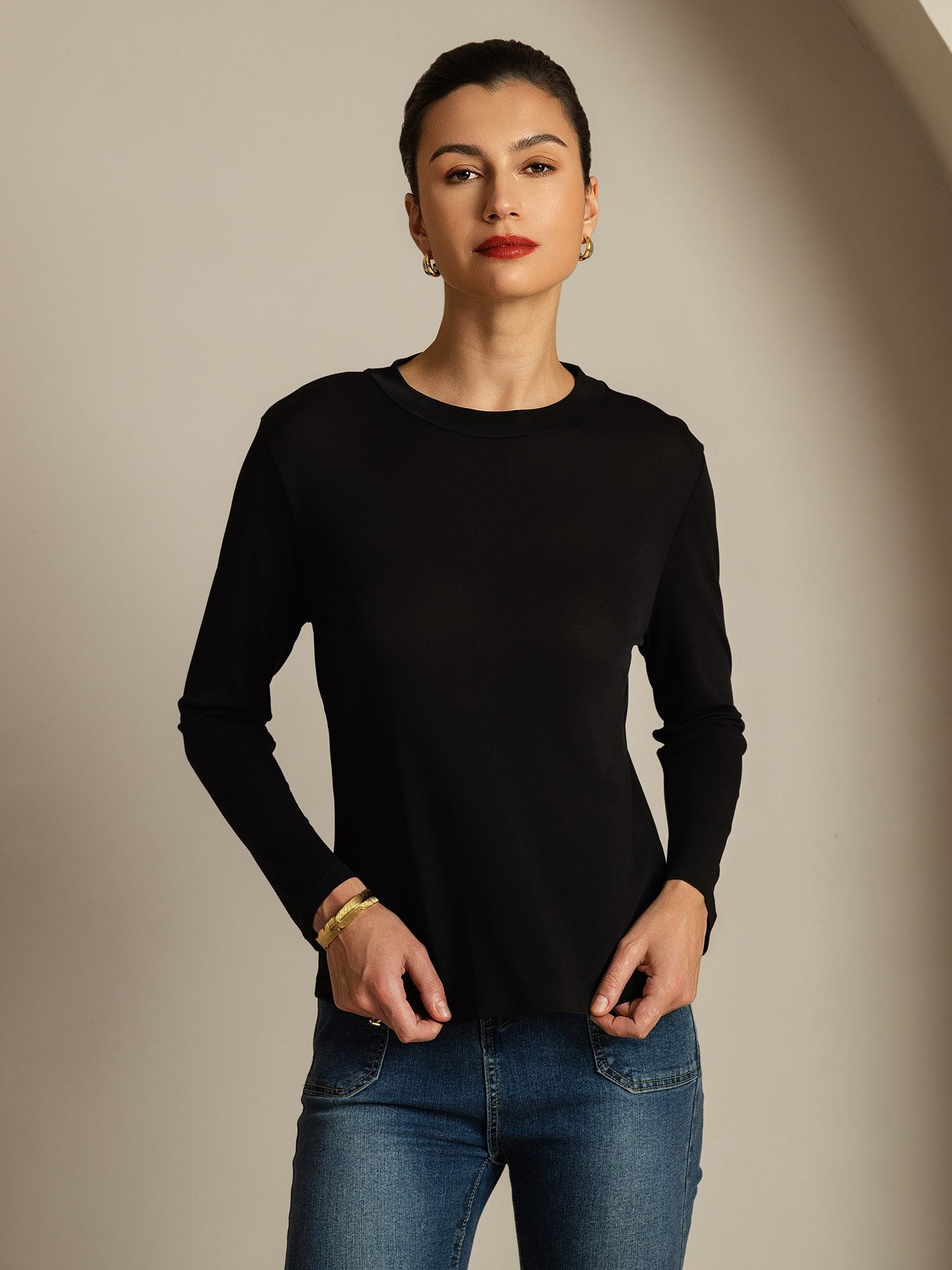[Black] SilkSilky-CA Pure Silk Round Neck Women's T-Shirt 007