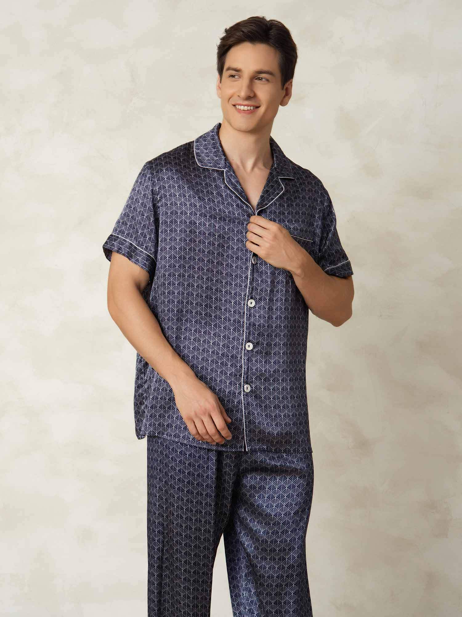 [NavyGinkgo] SilkSilky-CA Pure Silk Lapel Collar Men's Pajamas 003