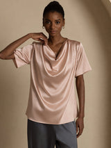 [Tuscany] SilkSilky-CA Short Sleeve Cowl Neck Women's Blouse 004